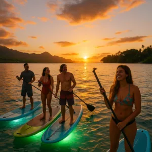 Paddleboard glowing with lights at twilight