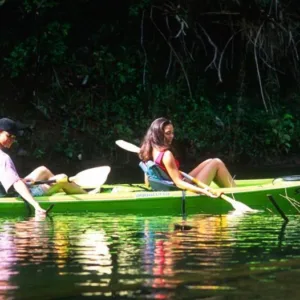 Tandem kayak gliding toward Wailua Uluwehi Waterfall