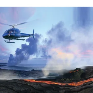 Helicopter flying over volcanic landscape on Hawaii Island