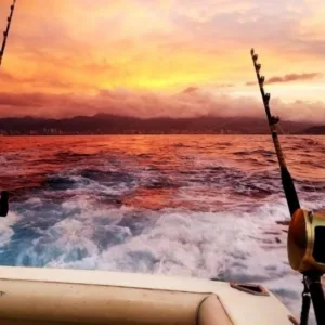 Shared fishing charter boat with six anglers