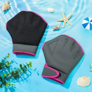 Participants wearing webbed gloves in water fitness class