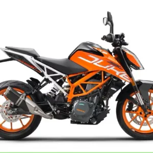 KTM Duke 390 motorcycle ready for rental with helmets