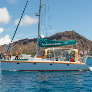 Catamaran sailing under Waikiki night sky