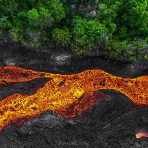 Tour group exploring volcanic landscape on Big Island