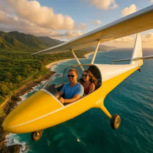 Glider soaring over Oahu’s North Shore coastline