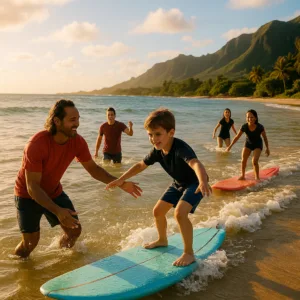Large group learning to surf together on sunny beach