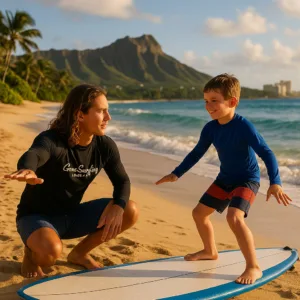 Surf instructor teaching beginner on sandy beach
