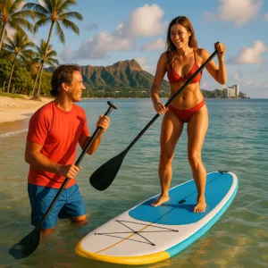 Instructor explaining paddleboard basics to beginners